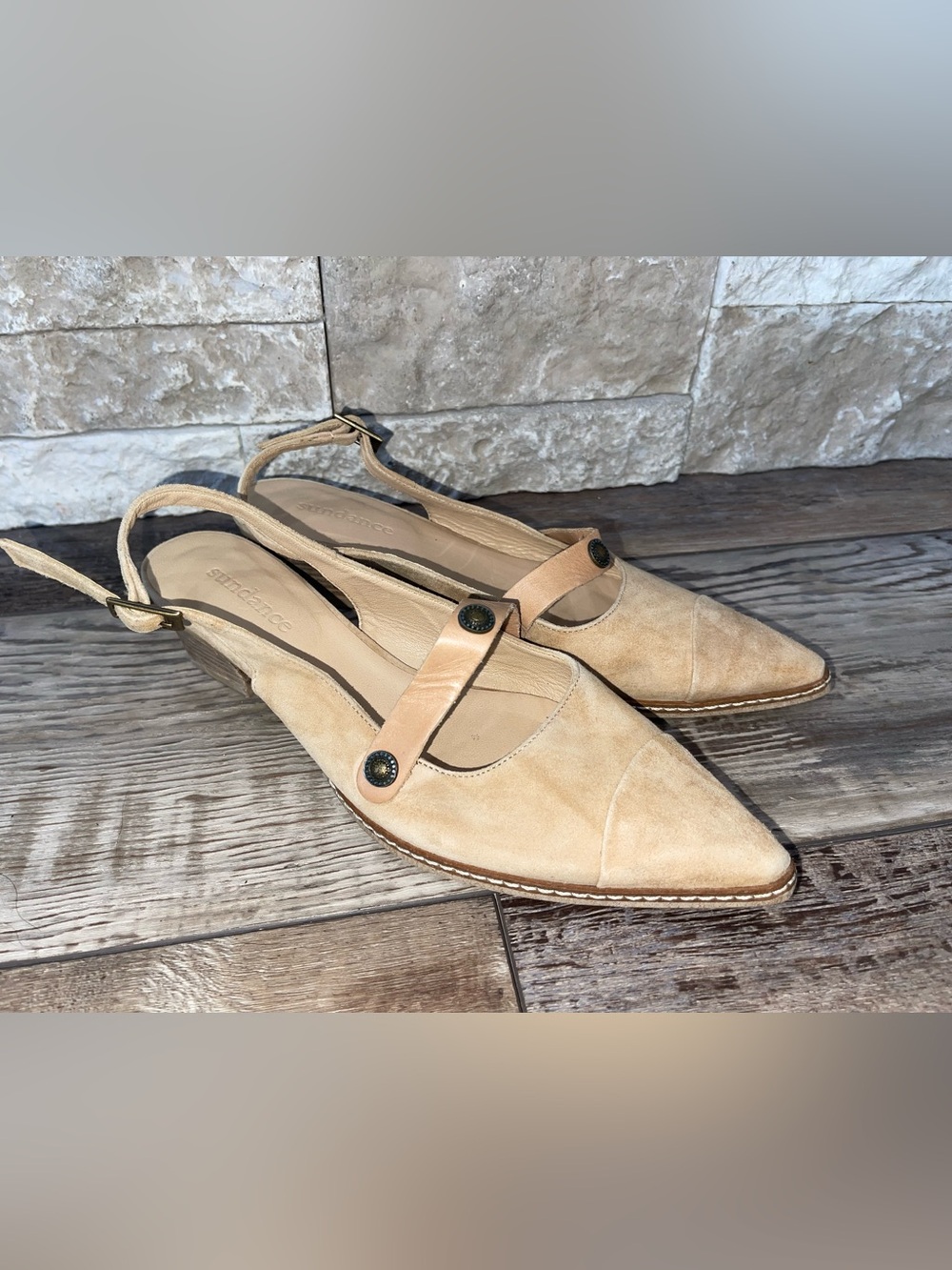 Sundance Bernadette Slingback Studded Tan Suede Mary Jane Mule Pump Size 38